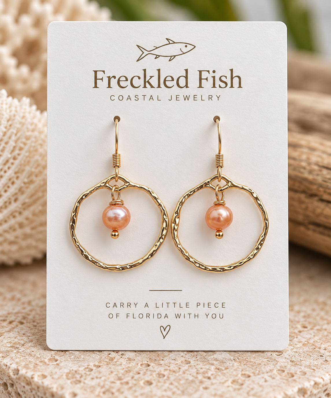 Blush Pearl Hammered Hoop Earrings (Gold)