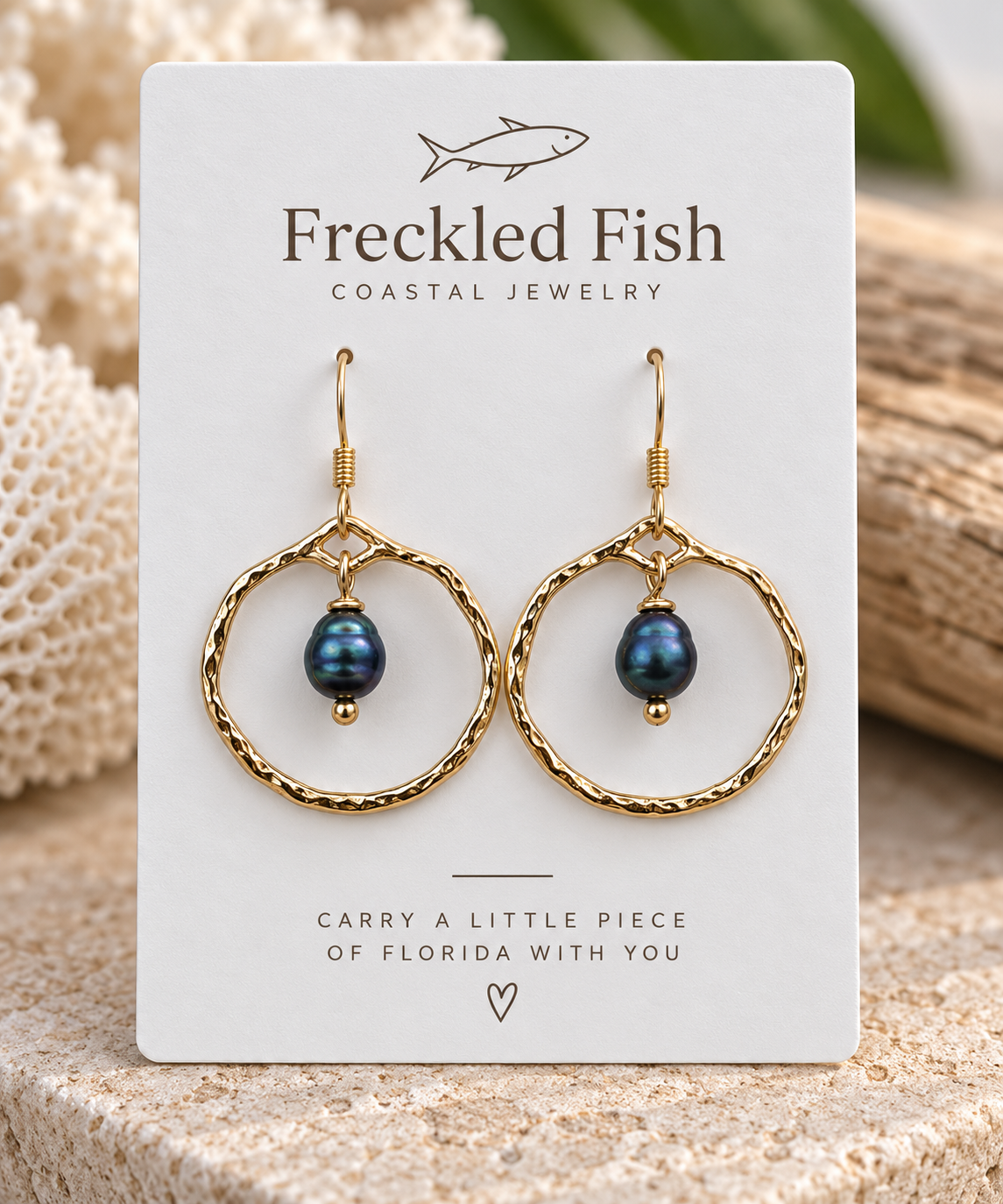 Midnight Pearl Hammered Hoop Earrings (Gold)