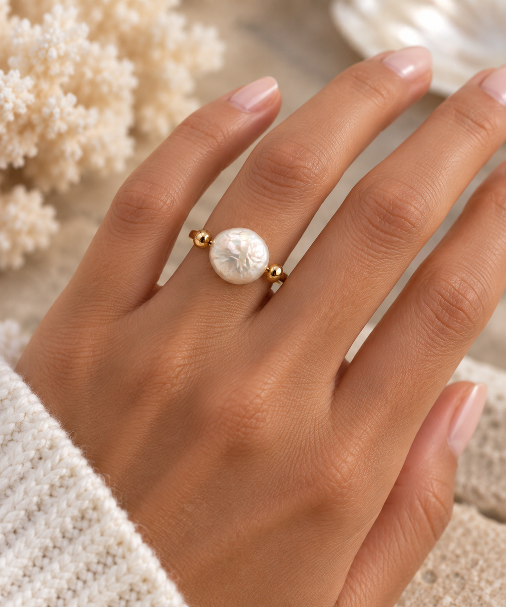 Freshwater Coin Pearl Ring (Gold)
