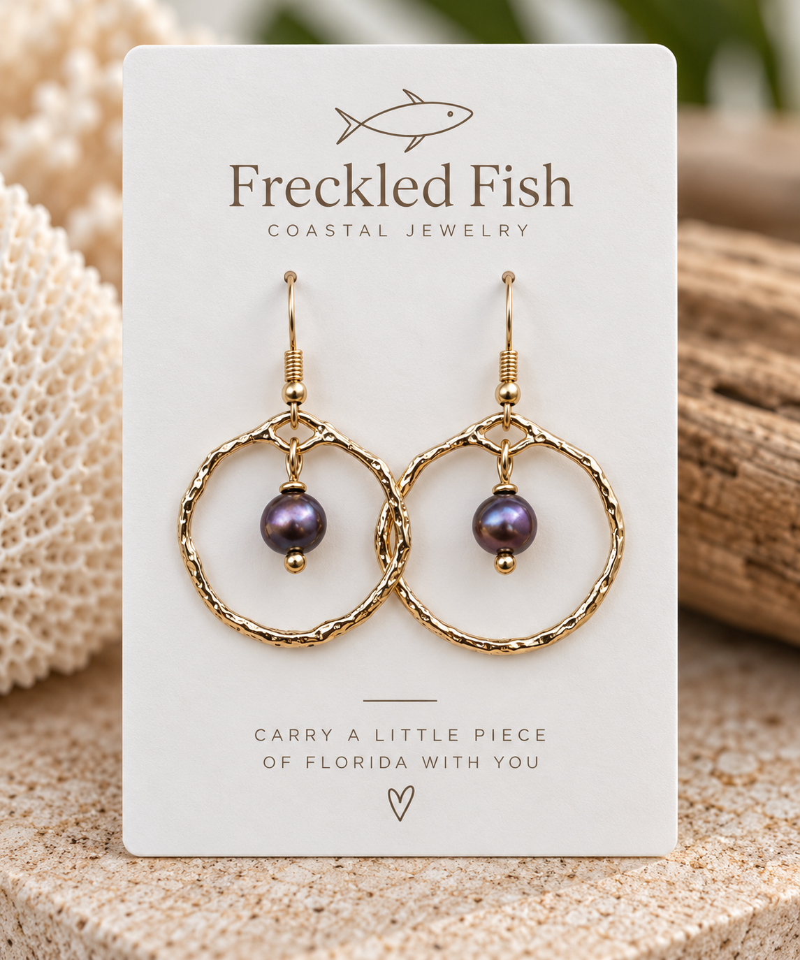 Iridescent Pearl Hammered Hoop Earrings (Gold)