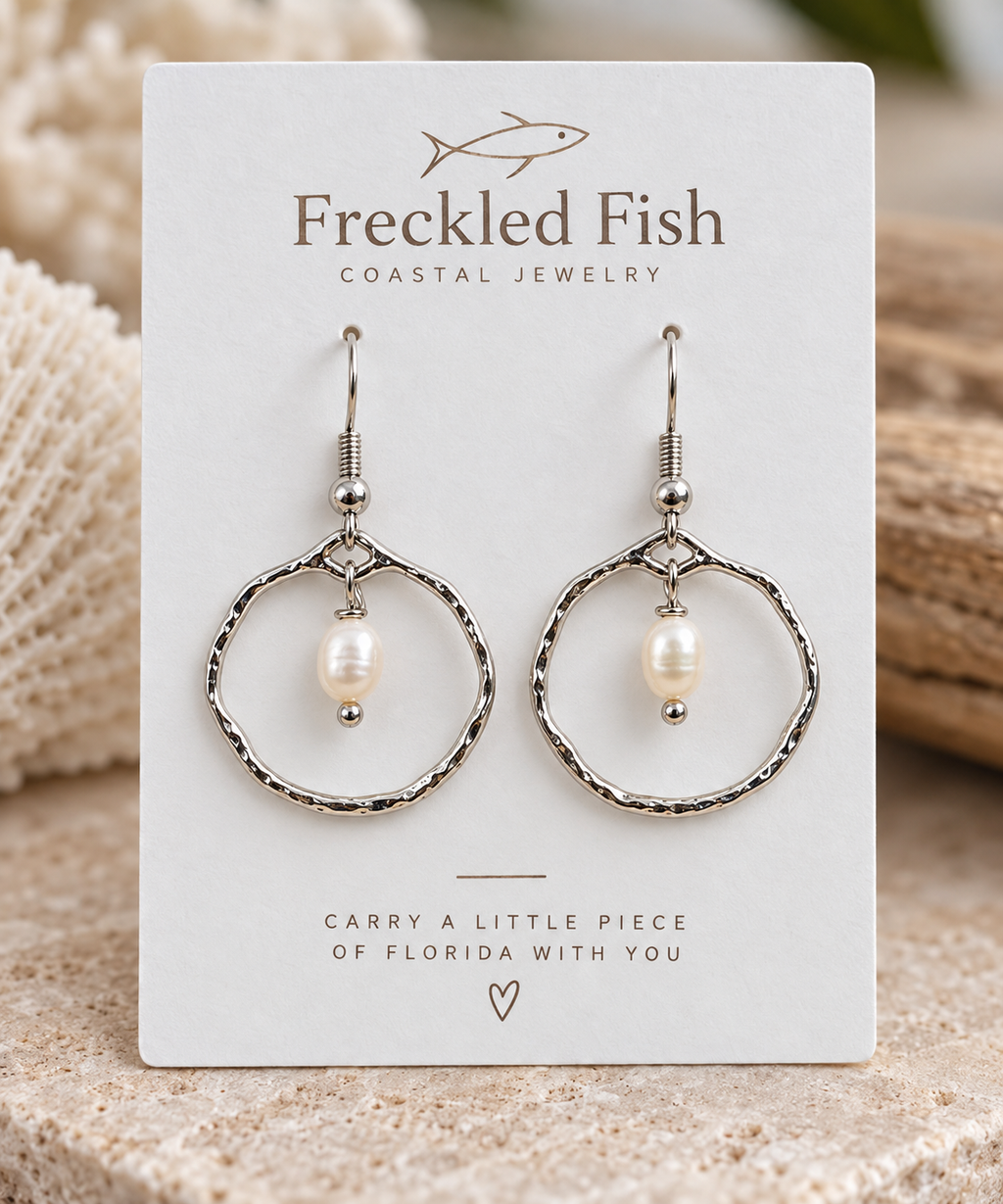 White Pearl Hammered Hoop Earrings (Silver)