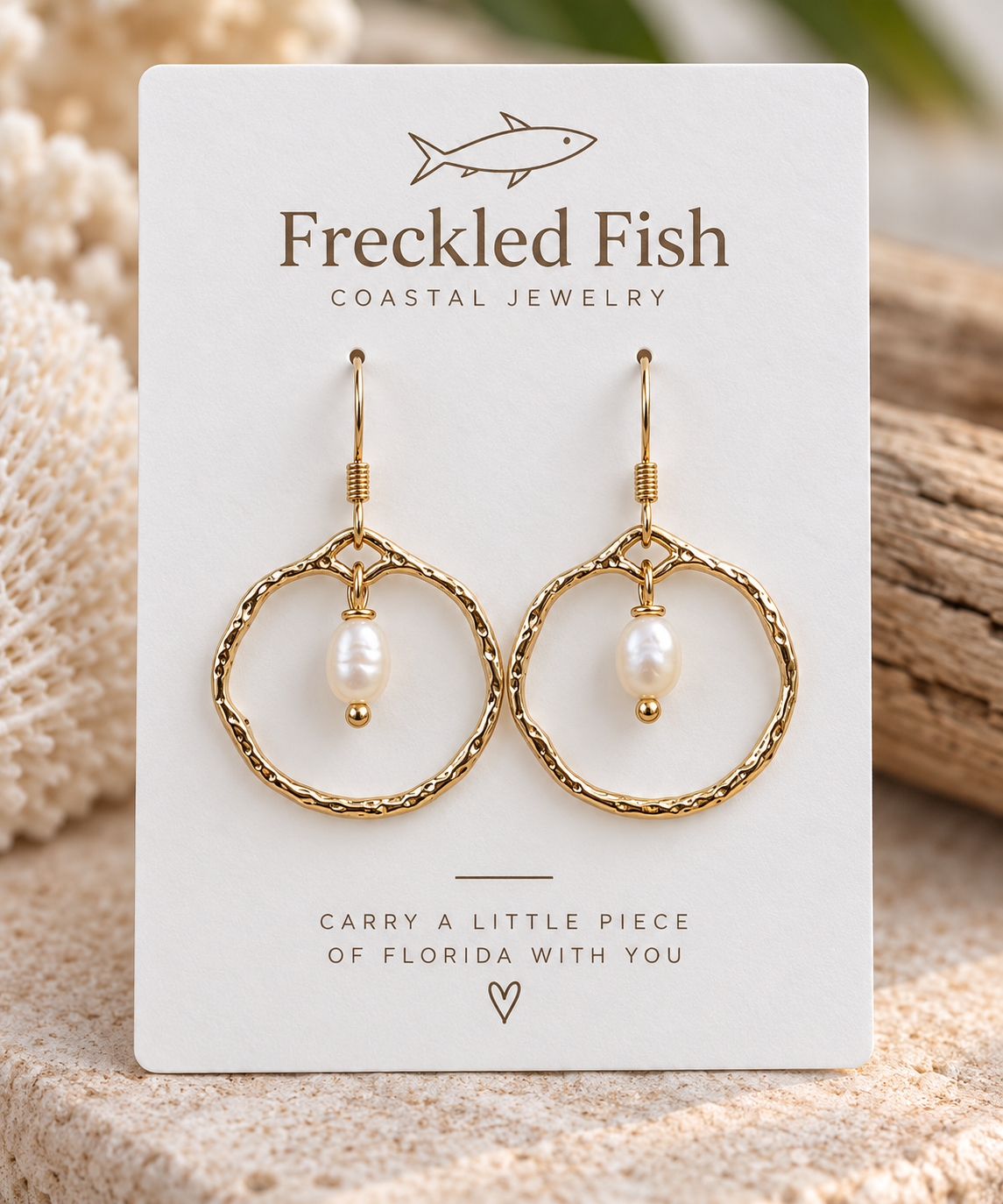 White Pearl Hammered Hoop Earrings (Gold)